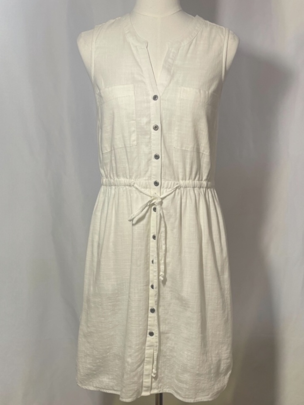 Old Navy Ivory Cotton Shirt Dress Sleeveless Button Front Drawstring Size SP